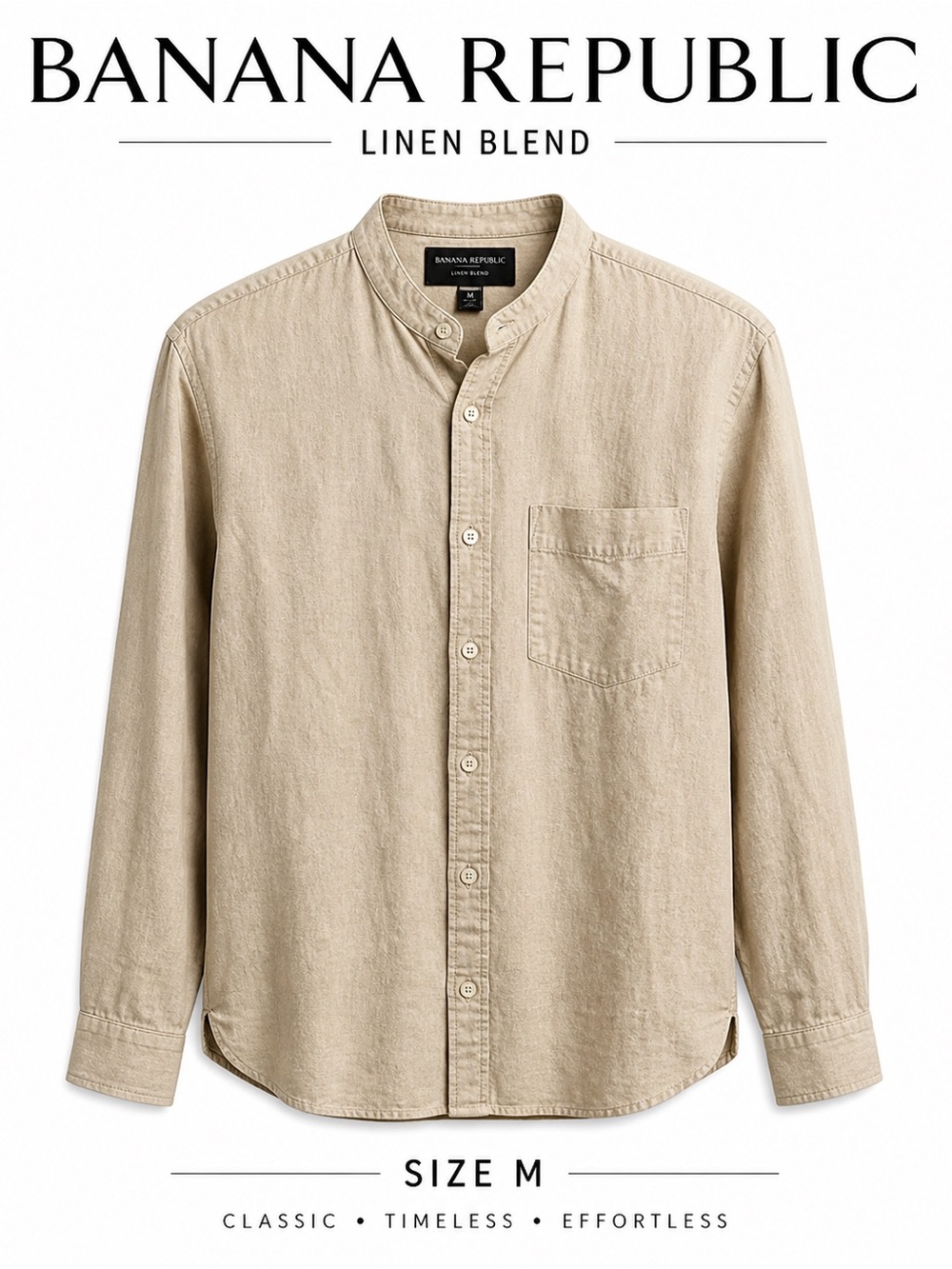 Banana Republic Men's Linen Blend Band Collar Shirt - Beige